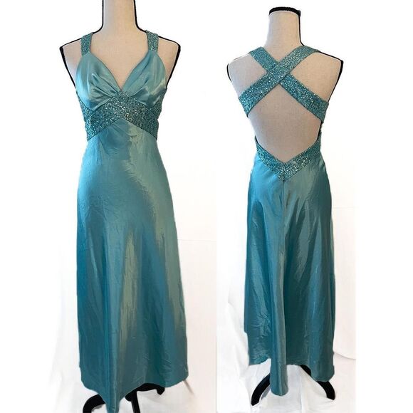 Jessica McClintock Satin Sequin Gown | Aqua Blue Vintage - Picture 1 of 6